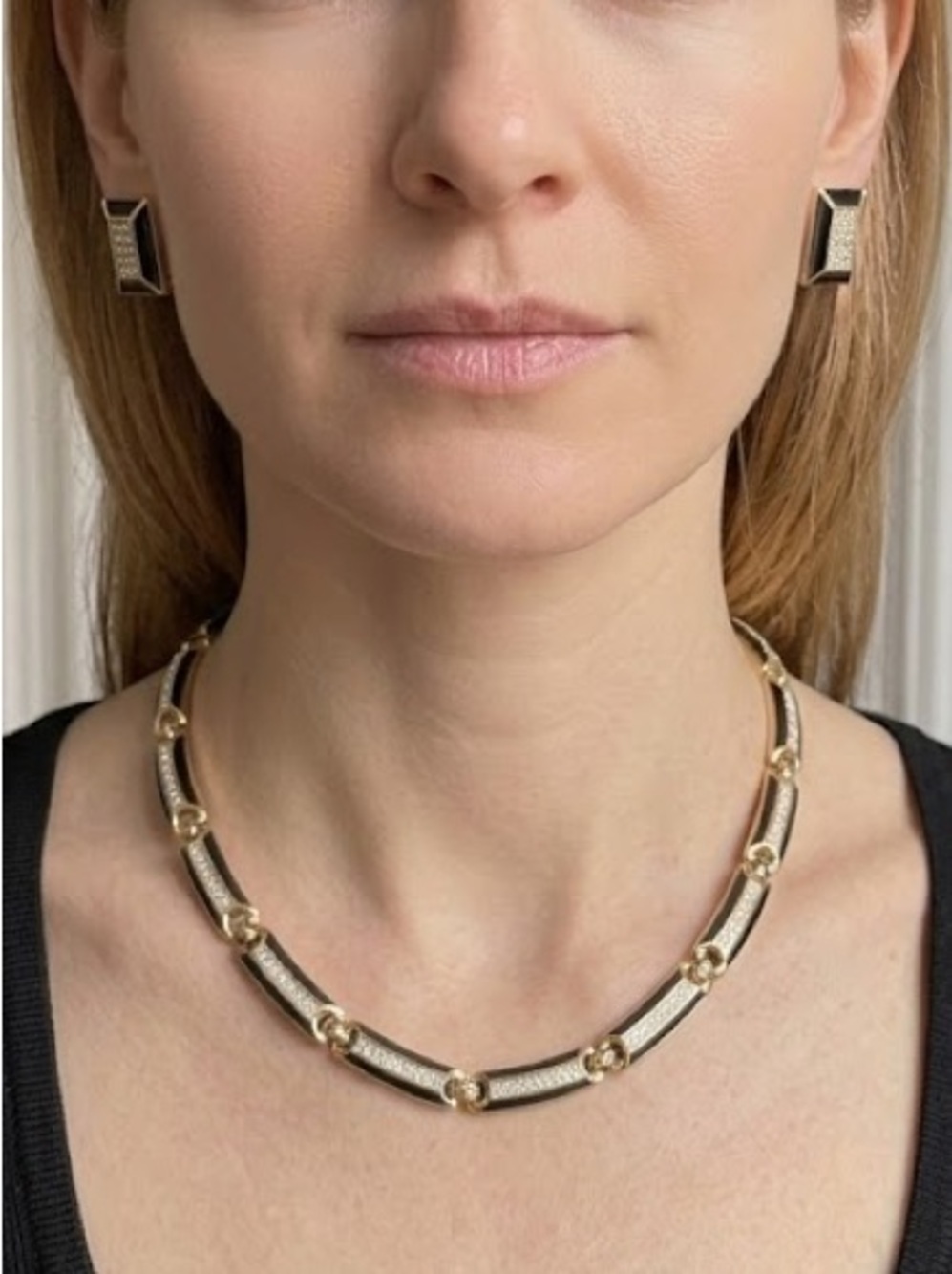 Black Enamel & Rhinestone Choker Necklace earrings set